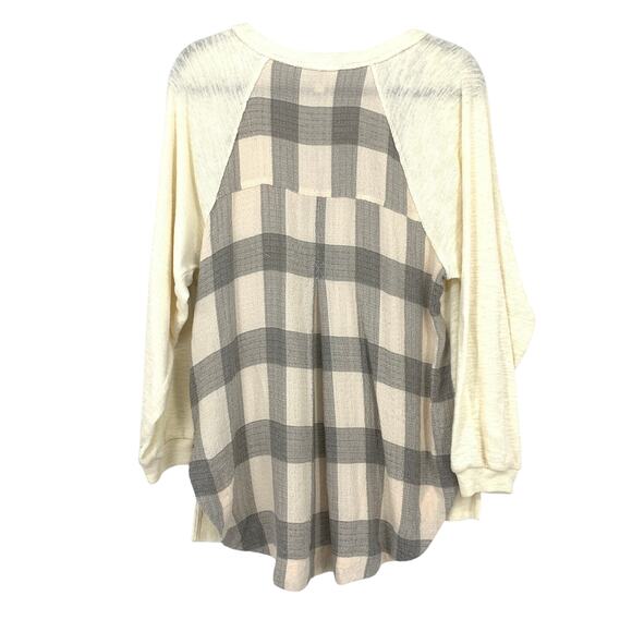 Anthropologie Pilcro V-Neck Slub Knit Long Sleeve Top Sz M Gray Cream Plaid Back - Picture 2 of 6